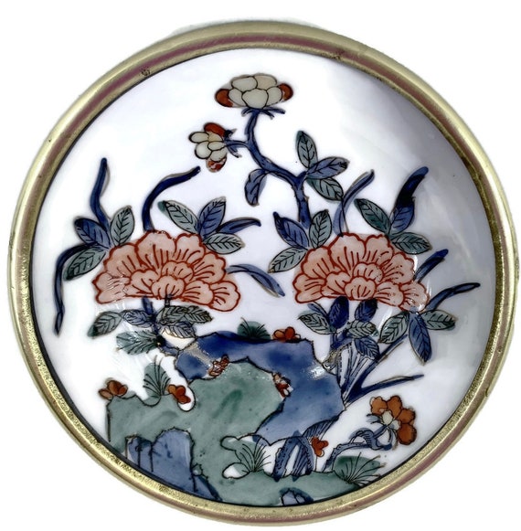 Japanese Ware Brass Encased Porcelain Bowl Dish Vinta… Gem