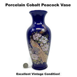 Cobalt Peacock Vase Japanese Floral Hand Painted Gold Trim Vintage