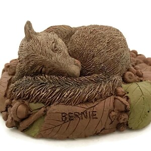 May include: A detailed figurine of a sleeping hedgehog, curled up on a bed of leaves and acorns. The figurine is primarily brown with textured fur and leaf details. The name "BERNIE" is inscribed on a leaf.