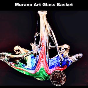 アメリカ　 murano ムラノ　イタリア　アンティークガラス　バスケット　器 Murano Glass Basket - Etsy