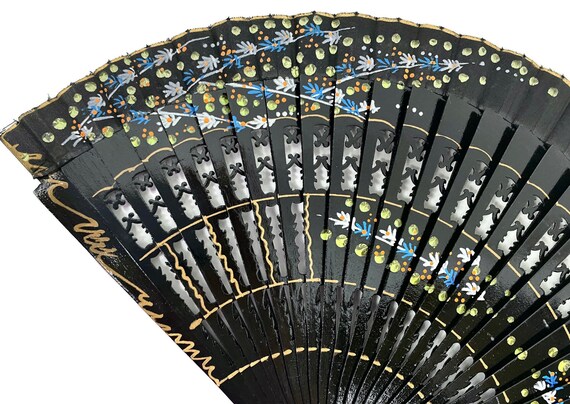 RARE Folding Hand Fan Hand Painted Black Lacquere… - image 4