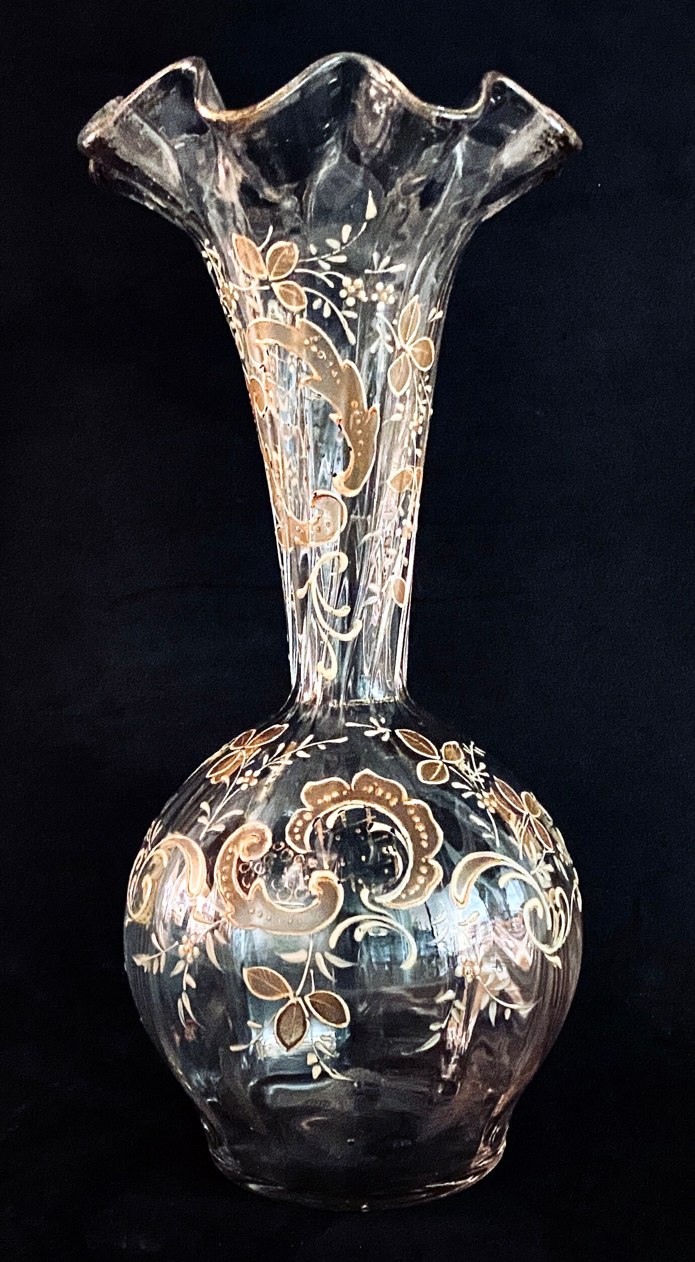 Handblown Glass Vase Fluted Rim Hand Painted Raised Gold Decoration ...