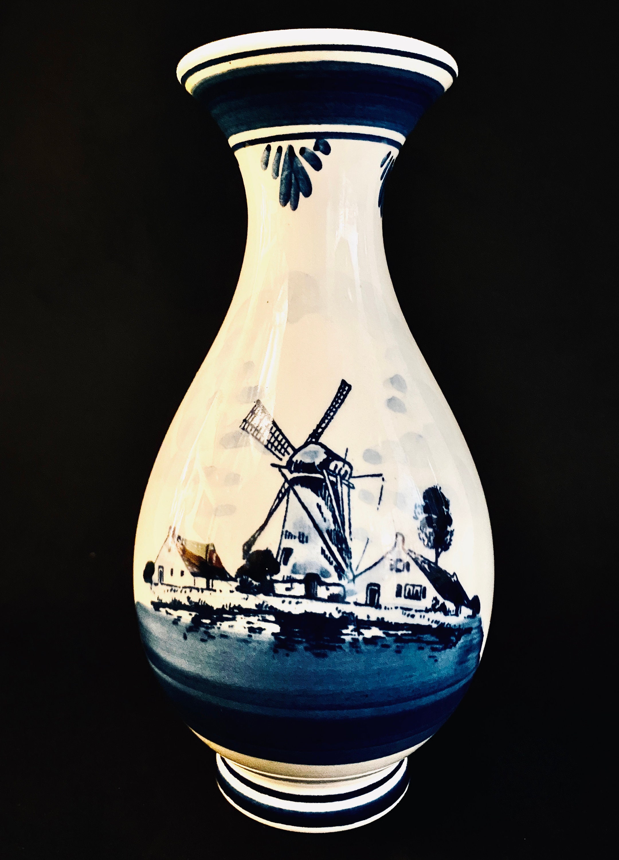 Delft Blue Tulip Vase Holland Windmill Floral Vintage Etsy