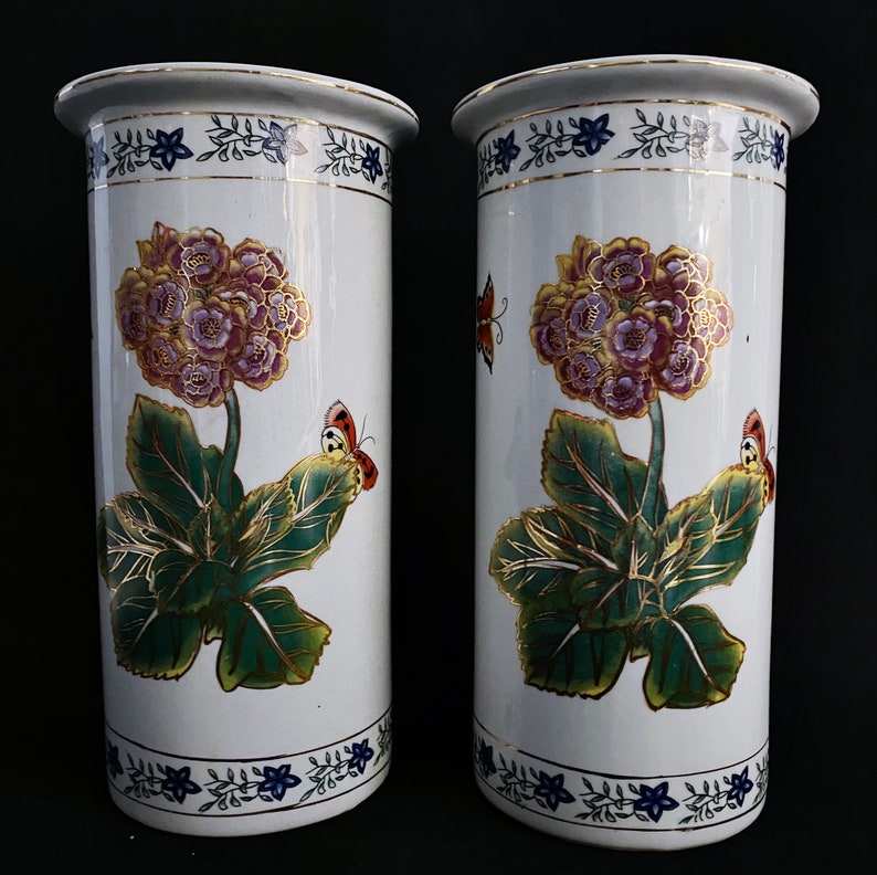 Asian Porcelain Vase 10 Tall Butterfly Floral Hand Decorated Gold Gilt Vintage