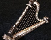 Antique ART DECO paste jeweled large Sterling silver harp brooch pin heavy 28.8Grams