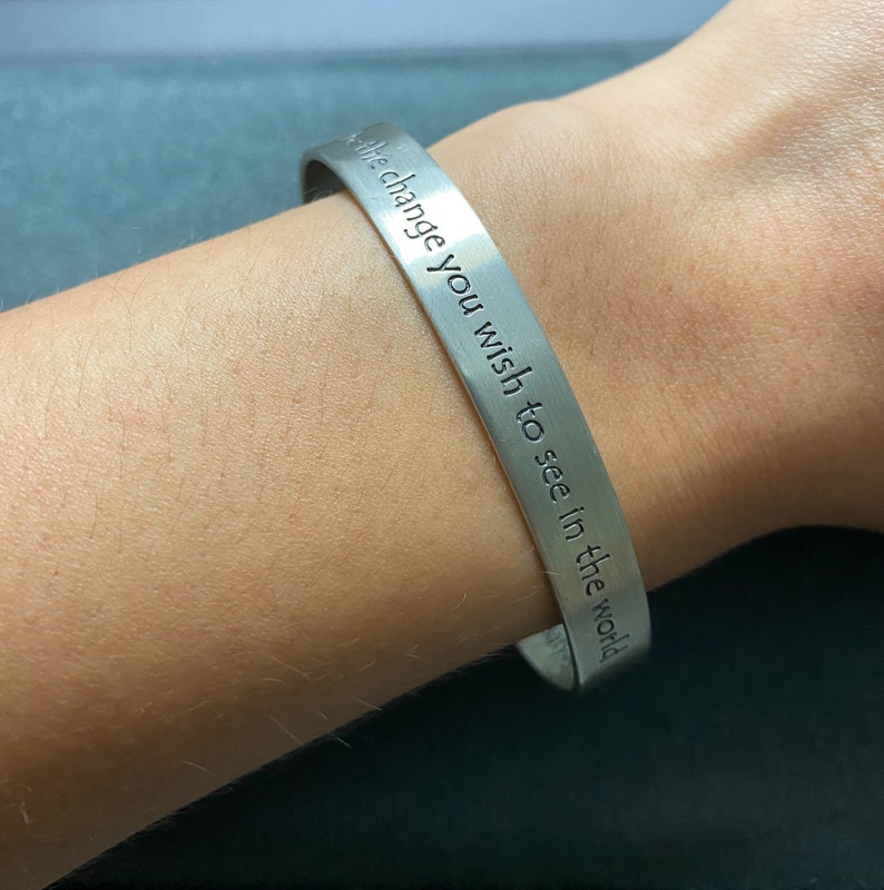 Sterling Silver Mahatma Gandhi\u2019s Quote \u201cBe the change you wish to see in the world\u201d Cuff Bangle Bracelet
