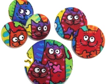 Fabric Buttons, Tie Dye Cats Buttons, Shank to Sew, Pinback to Pin, Flatback to Glue, Fabric Covered Buttons, Sewing Buttons, Handmade USA