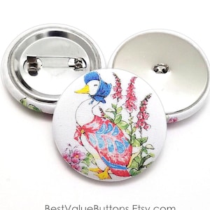 Fabric Buttons, Jemima Puddle Duck Buttons, Beatrix Potter Shank to Sew, Pinback to Pin, Flatback to Glue, Covered Buttons, Handmade USA