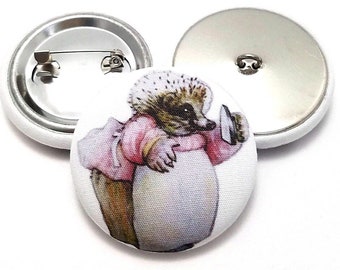 Fabric Buttons, Mrs Tiggy Winkle Buttons, Beatrix Potter Hedgehog Shankback, Flatback, Pinback Fabric Covered Sewing Buttons Handmade USA