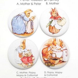 Fabric Buttons, Peter Rabbit Family Buttons, Beatrix Potter Shank, Flatback, Pinback Buttons, Fabric Covered Sewing Buttons Handmade USA