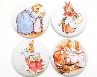 Fabric Buttons, CLEARANCE SALE, Peter Rabbit Family 1.5" Pinback Buttons, Beatrix Potter, Fabric Covered Sewing Buttons Handmade USA