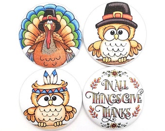 Fabric Buttons, Thanksgiving Buttons, Turkey, Owl, Give Thanks, Shank, Flatback or Pinback Buttons, Fabric Covered Buttons, Handmade in USA