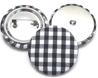 Fabric Buttons, Black White Gingham Check Buttons, Shank, Pinback, Flatback Buttons to Sew, Pin, Glue, Buffalo Plaid Buttons Handmade USA
