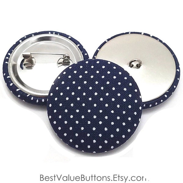 Fabric Buttons, NavyBlue White Pin Dot, Mini Polka Dot Buttons, Shank to Sew, Pinback to Pin, Flatback to Glue, Fabric Covered Handmade USA