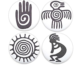 Fabric Buttons, Southwestern Buttons, Kokopelli, Bird, Sun, Hand, Shank, Flatback, Pinback Buttons, Fabric Covered Buttons Handmade USA