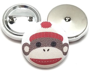 Fabric Buttons, Sock Monkey Buttons, Shank to Sew, Pinback to Pin, Flatback to Glue, Fabric Covered Buttons, Sewing Buttons, Handmade USA