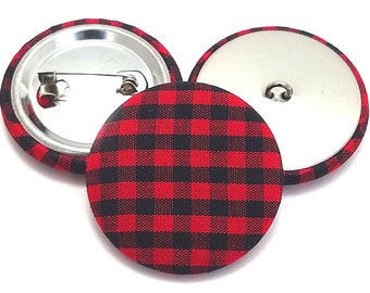 Fabric Buttons, Black Red Gingham Check Plaid Buttons Shank, Pinback, Flatback Buttons to Sew, Pin, Glue, Buffalo Plaid Buttons Handmade USA