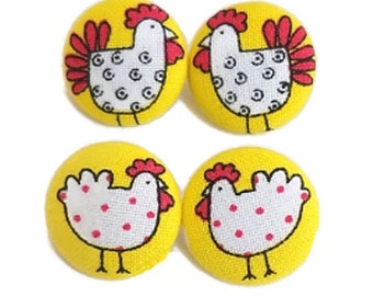 Fabric Buttons, Rooster Hen Chicken Buttons, Shank to Sew, Pinback to Pin, Flatback to Glue, Fabric Covered Sewing Buttons, Handmade USA