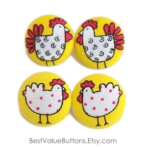 Fabric Buttons, Rooster Hen Chicken Buttons, Shank to Sew, Pinback to Pin, Flatback to Glue, Fabric Covered Sewing Buttons, Handmade USA