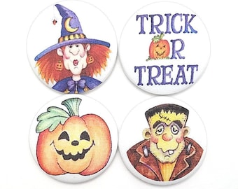 Fabric Buttons, Halloween Buttons, Witch, Trick Or Treat, Jack OLantern, Frankenstein Shank Flatback Pinback Covered Buttons Handmade in USA