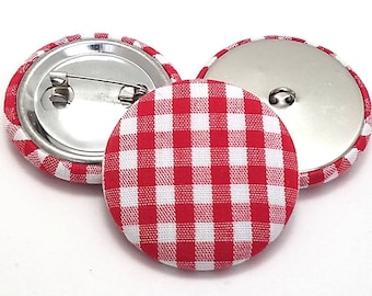Fabric Buttons, Red White Gingham Check Buttons, Shank, Pinback, Flatback Buttons to Sew, Pin, Glue, Buffalo Plaid Buttons Handmade USA