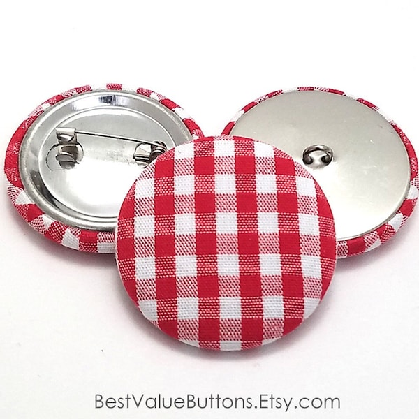 Fabric Buttons, Red White Gingham Check Buttons, Shank, Pinback, Flatback Buttons to Sew, Pin, Glue, Buffalo Plaid Buttons Handmade USA