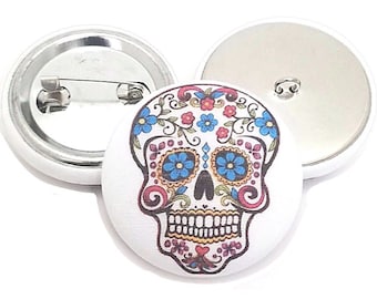 Fabric Buttons, Sugar Skulls Day of the Dead Halloween Buttons, Shank to Sew, Flatback to Glue, Pinback Buttons Covered Buttons Handmade USA
