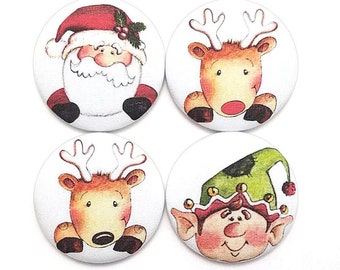 Fabric Buttons, Christmas Buttons, Santa, Elf, Rudolph, Reindeer Shank, Flatback, Pinback Buttons, Fabric Covered Buttons, Handmade in USA