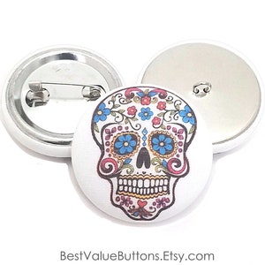 Fabric Buttons, Sugar Skulls Day of the Dead Halloween Buttons, Shank to Sew, Flatback to Glue, Pinback Buttons Covered Buttons Handmade USA