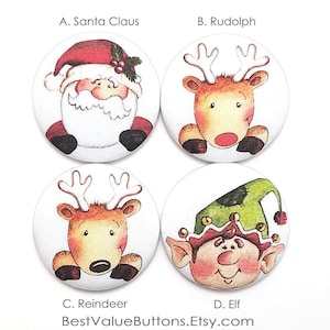 Fabric Buttons, Christmas Buttons, Santa, Elf, Rudolph, Reindeer Shank, Flatback, Pinback Buttons, Fabric Covered Buttons, Handmade in USA