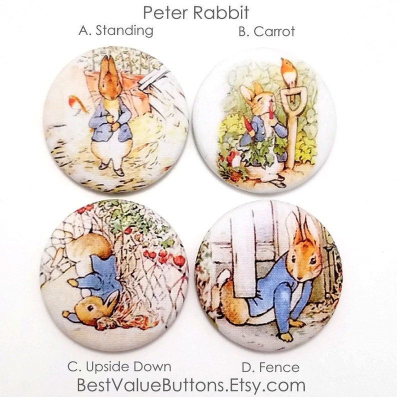 Fabric Buttons, Peter Rabbit Buttons, Beatrix Potter Shank, Flatback, Pinback Buttons, Fabric Covered Sewing Buttons Handmade USA image 1