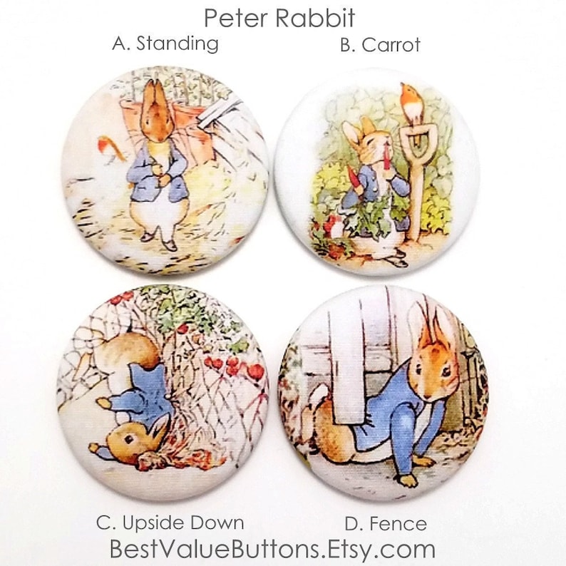 Fabric Buttons, Peter Rabbit Buttons, Beatrix Potter Shank, Flatback, Pinback Buttons, Fabric Covered Sewing Buttons Handmade USA, BestValueButtons
