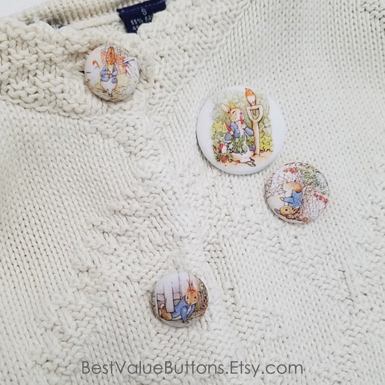 Fabric Buttons, Peter Rabbit Buttons, Beatrix Potter Shank, Flatback, Pinback Buttons, Fabric Covered Sewing Buttons Handmade USA image 9