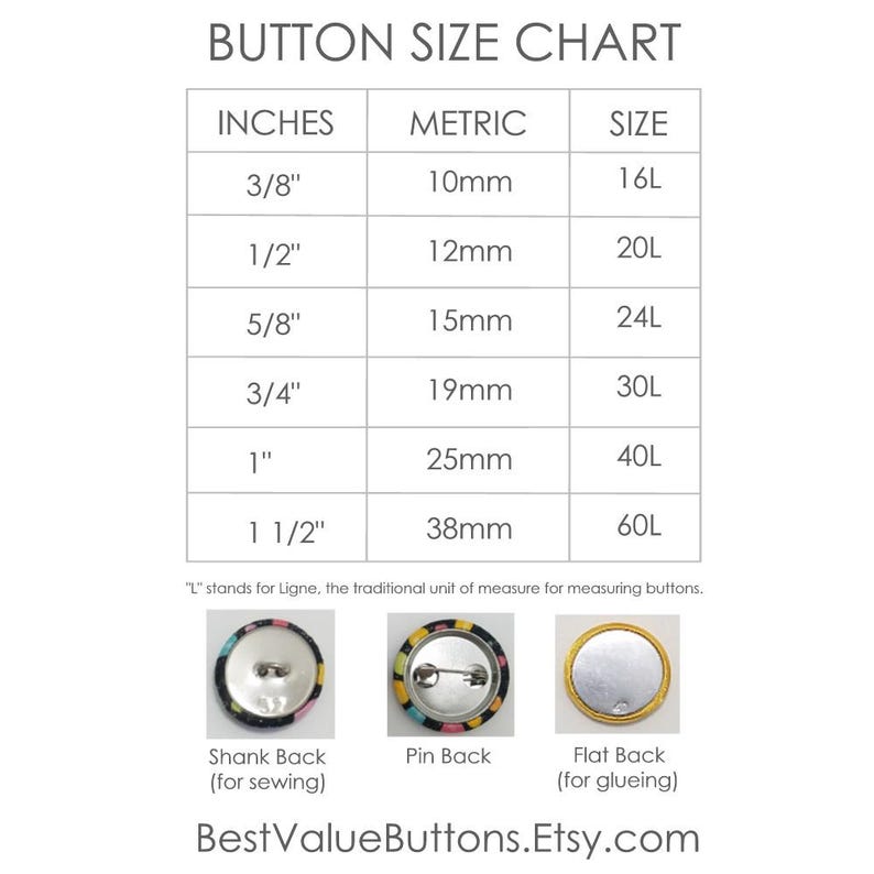 May include: Button size chart with measurements in inches and millimeters. Includes examples of shank back, pin back, and flat back buttons. The chart shows button sizes from 3/8" (10mm) to 1 1/2" (38mm). Text on the image reads "BestValueButtons.Etsy.com".