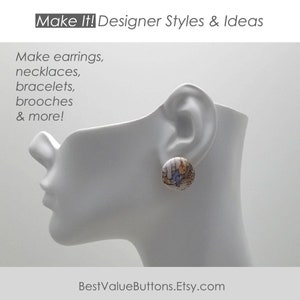 May include: A white mannequin head with a pair of round, button earrings. The earrings feature a colorful image of a cartoon rabbit. The text "Make It! Designer Styles & Ideas" is at the top of the image. The text "BestValueButtons.Etsy.com" is at the bottom of the image.