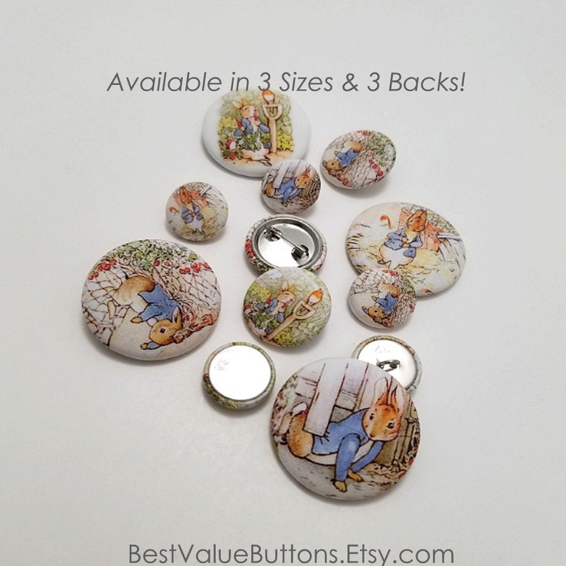 Fabric Buttons, Peter Rabbit Buttons, Beatrix Potter Shank, Flatback, Pinback Buttons, Fabric Covered Sewing Buttons Handmade USA image 5
