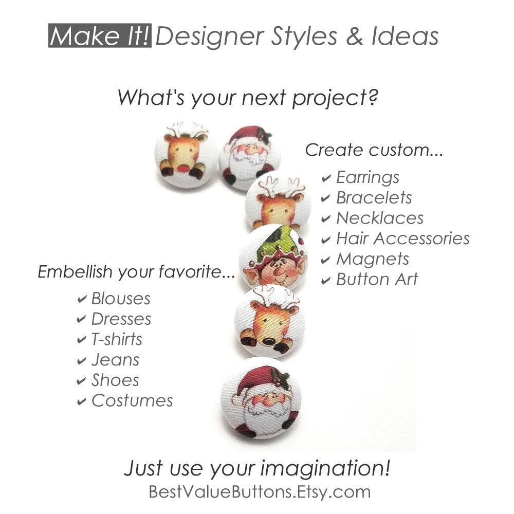 Fabric Buttons, Christmas Buttons, Santa, Elf, Rudolph, Reindeer Shank ...