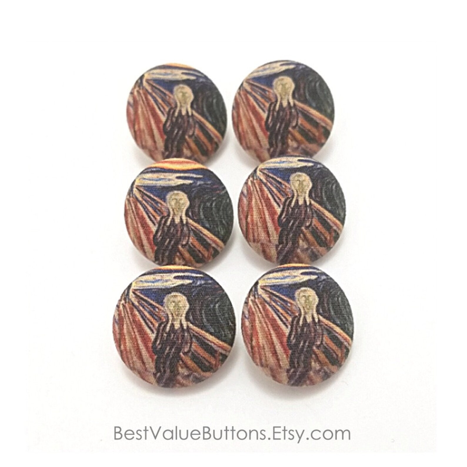 Fabric Buttons, the Scream Buttons, Edvard Munch, Shank to Sew, Pinback ...