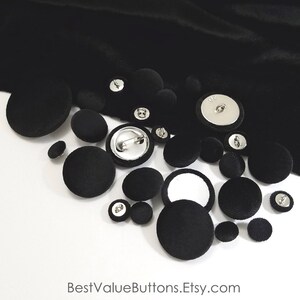 Velvet Buttons, Black Velvet Fabric Buttons, Shank, Pinback, Flatback Buttons to Sew, Pin, Glue, Fabric Covered Buttons, Handmade USA afbeelding 7