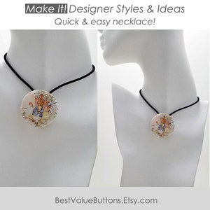 May include: A black elastic cord necklace with a round button pendant featuring a vintage illustration of two rabbits. The button is white with a colorful image of the rabbits.