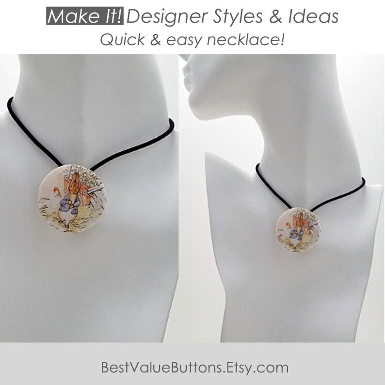 May include: A black elastic cord necklace with a round button pendant featuring a vintage illustration of two rabbits. The button is white with a colorful image of the rabbits.