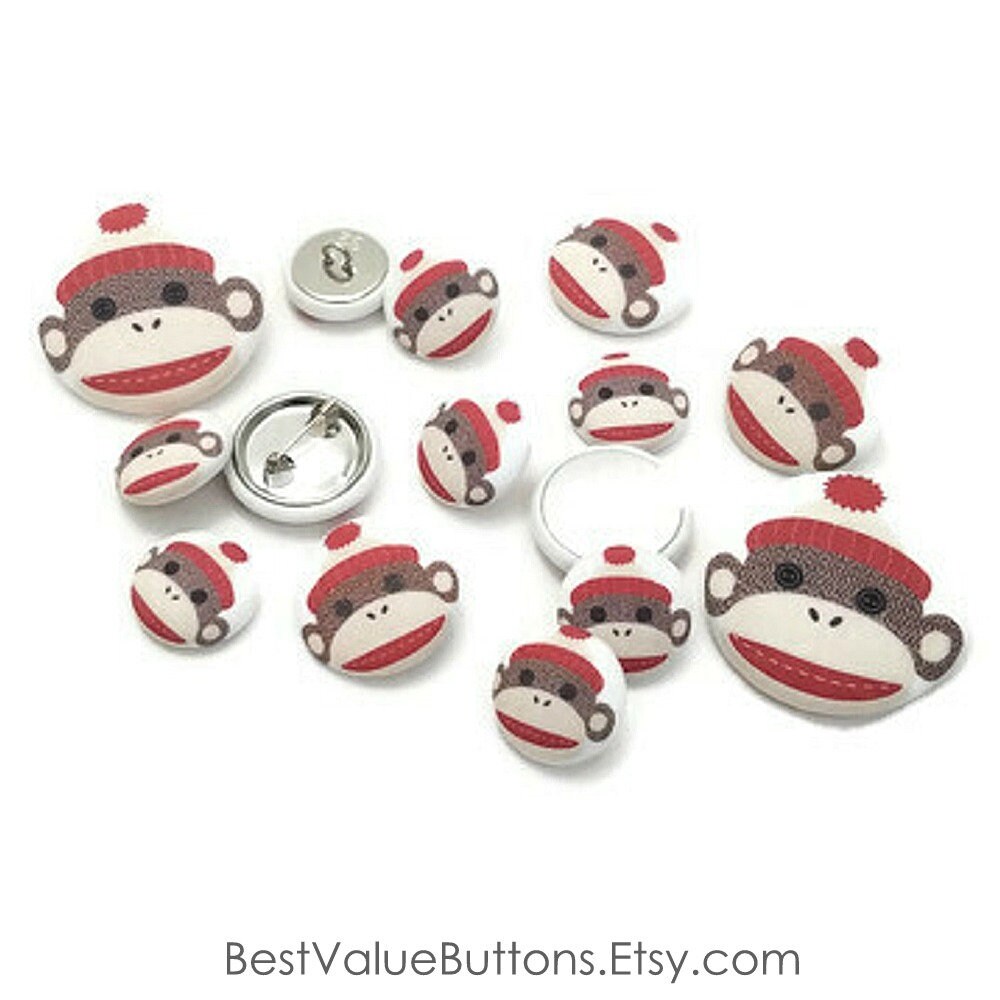 Monkey Pinback Buttons Fabric Buttons Sock Monkey Buttons Shank Buttons Pinback | Etsy