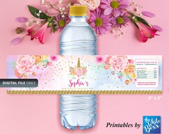 Unicorn Birthday Water Bottle Label for Birthday Girl / Baby Shower Party