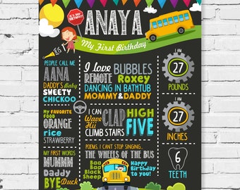 The Wheels on the Bus Birthday Chalkboard / School Bus Stats Milestone Poster / Banner for Birthday Boy / Girl - Any Age