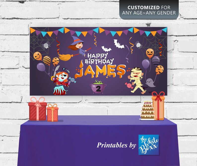 Any age Halloween Birthday Backdrop Banner for birthday Boy Girl Twins