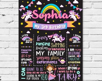 Unicorn Birthday Chalkboard / Milestone Stats Board / Poster for Birthday Girl - Any Age
