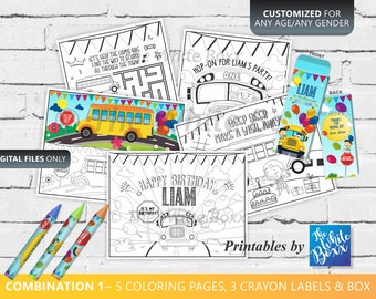 Wheels on the Bus Coloring Pages / Crayon Labels & Crayon Box / Party Favors (Personalized) for Birthday Party / Baby Shower