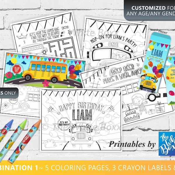 Wheels on the Bus Coloring Pages / Crayon Labels & Crayon Box / Party Favors (Personalized) for Birthday Party / Baby Shower