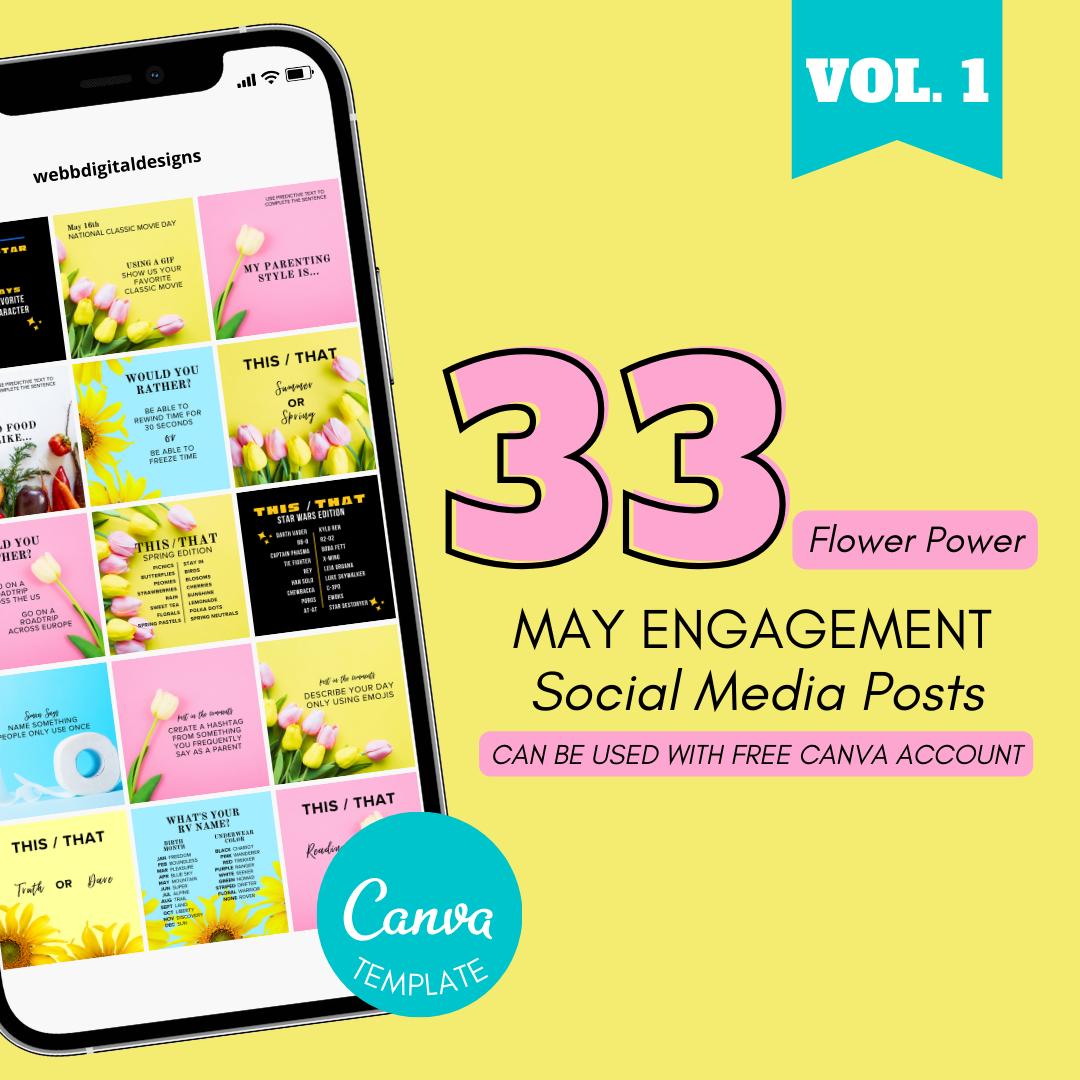 MAY Engagement Post Vol. 1, Content Calendar, Canva Template, Author, Social Media, Spring, Instagram, Facebook, Small Business, Flowers