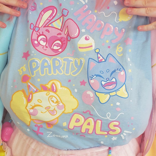 Happy Party Pals! Kawaii Bunny Rabbit, Puppy Dog & Kitty Cat T-shirt for Fairy Kei, Yumekawaii, Decora, Pastel J-fashion and Harajuku Style